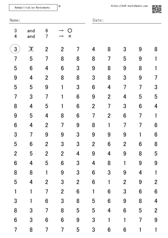 Dual Cancellation Task for Numbers 1-9　20x10